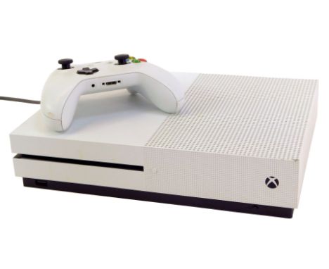 An Xbox One S, model 1681, with lead and game controller.