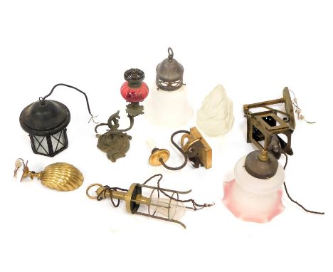 Various light fittings, shades, etc., to include a brass shell shaped wall light, 21cm high, frosted glass shade in the form 