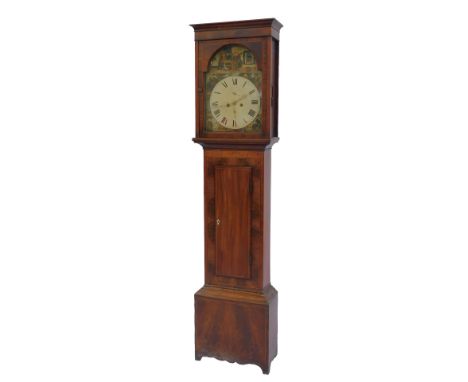 A 19thC mahogany and inlaid longcase clock, the face of circular white Roman numeric painted dial with Arabic numerals and qu