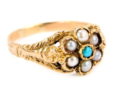 A 20thC 9ct gold dress ring, the central floral cluster with raised turquoise surrounded by three cultured pearls, each with 