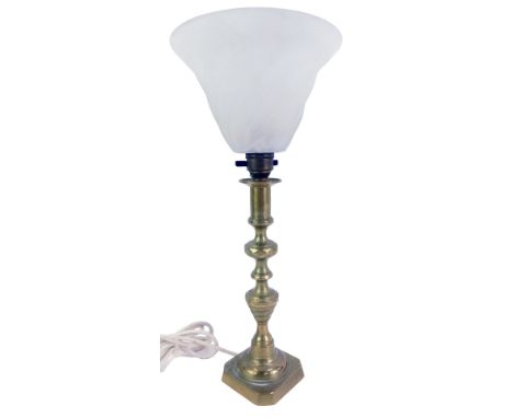 A brass table lamp, with frosted glass shade, of trumpet form, 39cm high.WARNING! This lot contains untested or unsafe electr