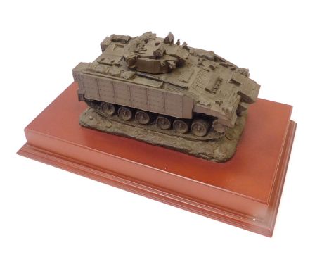 A Martin Duchemin armored tank model, bronzed effect set on a yew wood rectangular base, 12cm high, 29cm wide, 16cm deep. (AF