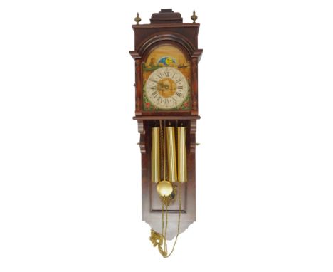 A mahogany cased drop dial wall clock, the painted dial bearing cream chapter ring with Arabic and Roman numerals, moon phase