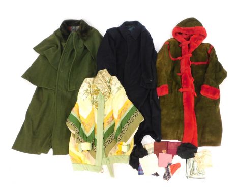 Various coats, to include a green suede coat with red trim and red faux fur hood and lining, a quilted jacket, blue wool over