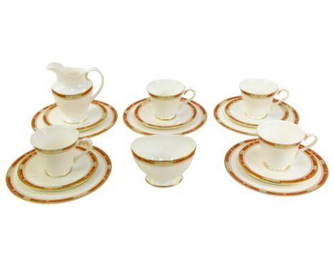 A Royal Doulton Sandon pattern part tea service, comprising milk jug, sugar bowl, five side plates, five saucers and four tea