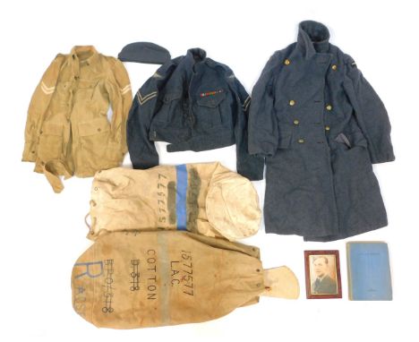 A World War II RAF kit bag, for Arthur Norman Cotton, containing blue wool overcoat, blue wool jacket, size 4, hat, and khaki