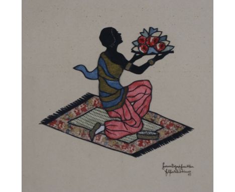 Scherenschnitt-Collage - Jugendstil / Art Déco, Papier und Stoffeinlagen, Dame in orientalisch anmutendem Kostüm kniend auf e