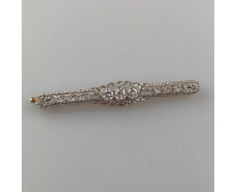 Art Déco-Diamantbrosche - um 1920, Gelb-/Weißgold 585/000 (14 K), Nadel gestempelt „585“, Nadel leicht verbogen, Stabform mit