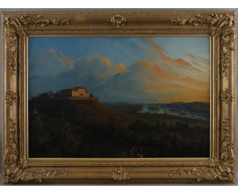 Unbekannte/r Künstler/in (19. Jh.) - Rheinlandschaft mit Segelfrachtschiffen und Blick auf Petersberg bei Bonn, am unteren Ra