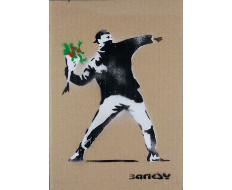 Banksy - "Blumenwerfer", 2015, Souvenir aus der Ausstellung "Dismaland" in Weston-super-Mare in Somerset, Pochoir-Druck (Scha
