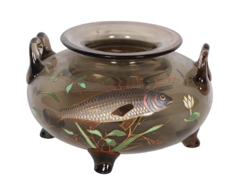 MOSER - an Art Nouveau smoked glass fish bowl, with enamelled decoration and twin heart handles, unsigned, diameter 21cm, hei