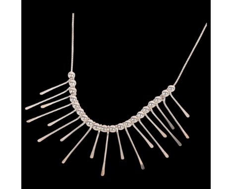 A modernist sterling silver fringe necklace, with paddle and bead drops, 38cm, 9.3gNo damage or repair, only light surface we