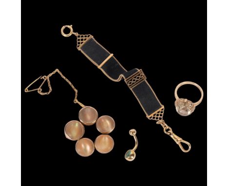 A group of various 9ct jewellery, including a stone set ring, an opal brooch, fob, and a belly button bar, 20g gross