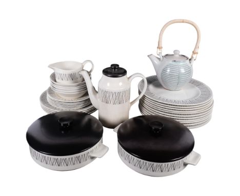 Midwinter Graphic pattern dinner service, including 2 tureens, and a pottery tea kettle by John Hosly