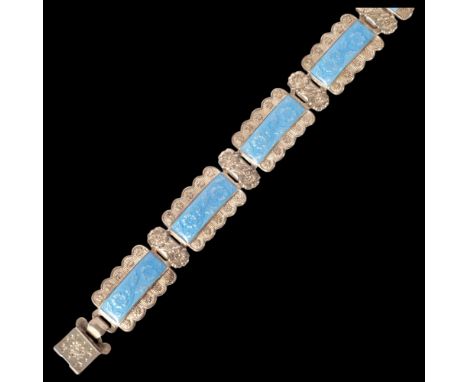 An Art Deco silver and blue enamel floral panel bracelet, by Harmony, 18.5cm (clasp A/F)