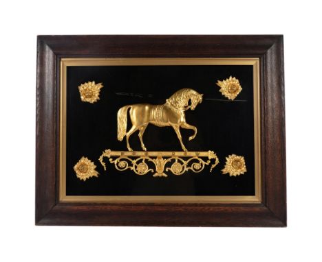 A 19th century gilt-bronze relief Ducrow circus horse, with floral bosses, oak-framed and glazed, 59cm x 77cm overall