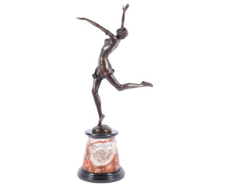 After B. Zach, a reproduction Art Deco style bronze sculpture of a dancing girl, on coloured marble plinth, H65cm