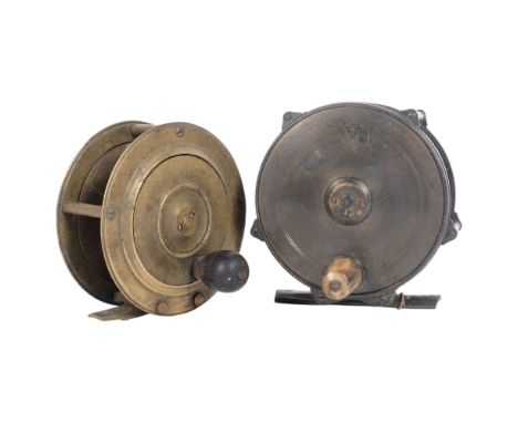 A Foster's Fine 3 and 3/4" fishing reel with horn button, together with a brass 3 and 1/2" salmon reel (2)