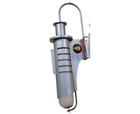 A large 1980's post-modern outdoor wall lamp, the galvanised steel frame with brass detail and with milk glass shade, height 