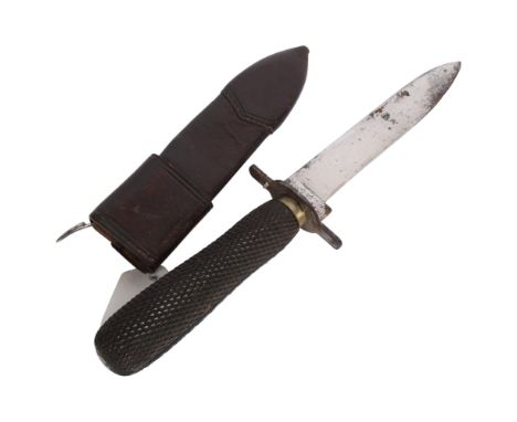 An Antique bowie hunting knife, with knurled wood handle and original leather sheath, blade length 14.5cm