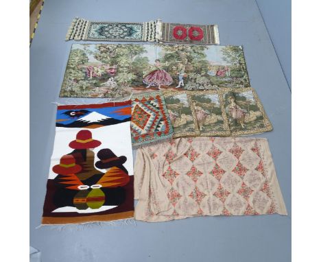 A French tapestry, 170x67cm, and an embroidered wool shawl, 227x104cm, three tapestry cushion covers, a Kilim mat and 2 other