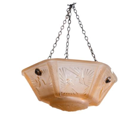 Art Deco moulded pink glass ceiling light bowl of hexagonal form, panels decorated with pairs of doves, 33cm across (approx)
