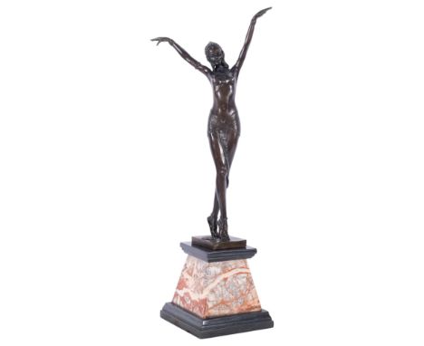 After Chiparis, Art Deco bronze dancing girl on coloured marble plinth, H56cm
