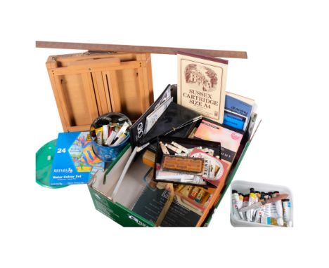 A large quantity of artist's equipment, including a modern easel, paints, pastels, brushes, sketchbooks, etc