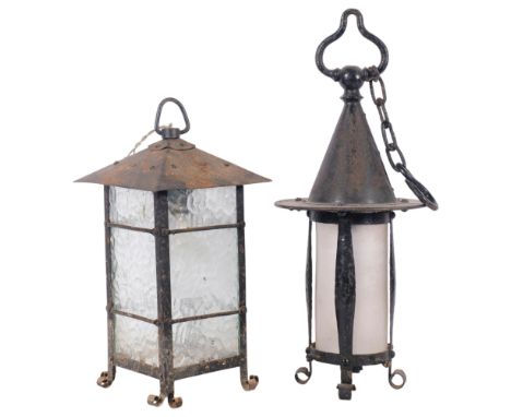 An Art Nouveau Benson lantern, H40cm, and a square-panelled lantern