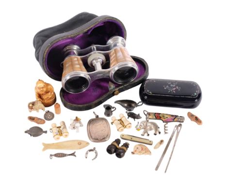 A Victorian abalone black lacquered snuff box, a pair of French mother-of-pearl opera glasses, an engraved silver locket with
