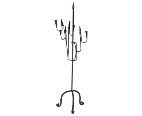 An Antique wrought-iron 5 tiered rush light stand on tripod base, H105cm