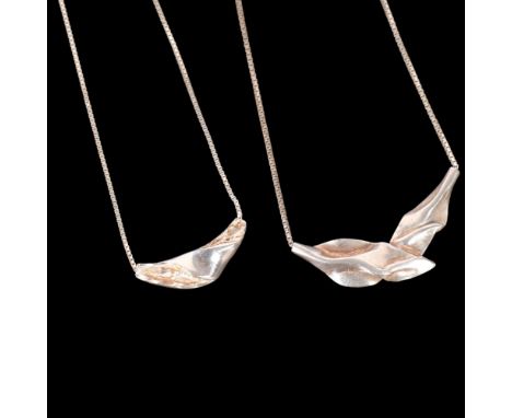 2 Danish Brutalist sterling silver abstract pendant necklaces, makers include Niels Erik From, abstract fold form on sterling