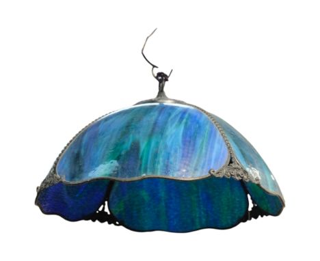 Christopher Wray - An Art Nouveau style blue and green panelled ceiling light shade, with cast-metal mounts, 41cm across (app