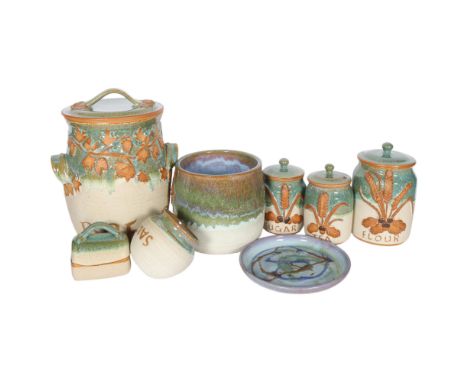 CANTERBURY POTTERY - a hand-thrown 8-piece kitchen storage set, including 38cm bread bin, 24cm flour jar, butter dish, etcNo 