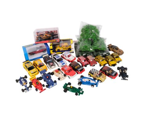 A collection of loose Scalextric cars, including a Mini, Hornby Hobbies Rally Car, accessories, etc (boxful)