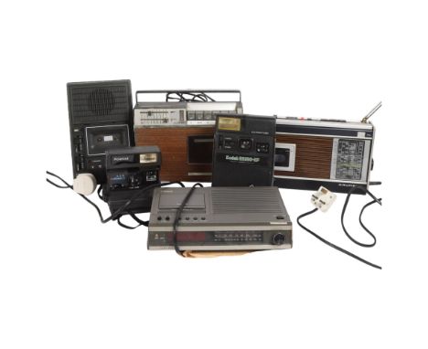 A selection of Vintage cassette tape recorders, a boxed Polaroid instant camera, a Kodak EK160-EF instant camera, etc (boxful
