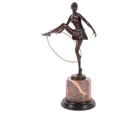 After Alanzo, Art Deco style bronze sculpture, girl with a hoop, on coloured marble plinth, H48cm
