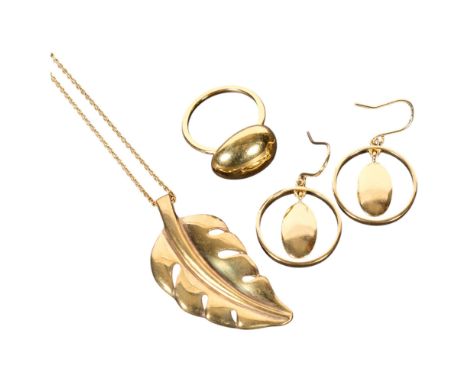 A group of modern Danish sterling silver-gilt jewellery, makers included Jens Johs Aagaard, comprising leaf pendant necklace,