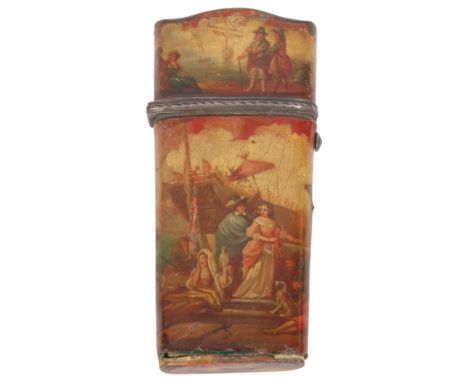 A 19th century French Vernis Martin style lacquer sewing etui case, circa 1830, opening to reveal silver fitted interior and 
