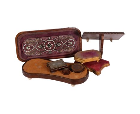 Victorian mahogany stand with beadwork panel, giltwood clock stands, shelf bracket, etc