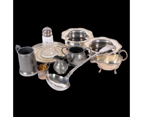 Various silver plate, including pair of wine bottle coasters, punch ladle, sauce boat, etc