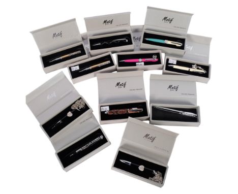 11 Motif ballpoint metal bodied pens, various designs and colours, all in original boxesNew and unused
