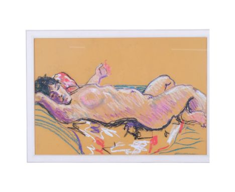 Pastels and crayon on paper, a 20th century nude study, reclining figure, 62cm x 74cm overall, framed