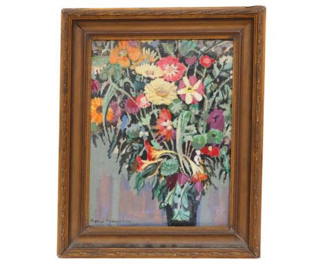 R (Reno?) Thompson, an oil on board, still life study flowers in vase, signed bottom left-hand corner, in ornate giltwood sty