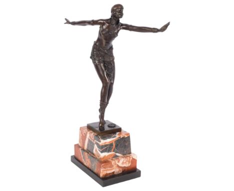 An Art Deco style bronze figure, study of a Moorish dancing girl on stepped marble plinth base, H48cm