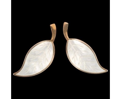MEKA - a pair of Danish modernist sterling silver-gilt white enamel leaf clip-on earrings, 32mm, 5.3gNo damage or repair, onl