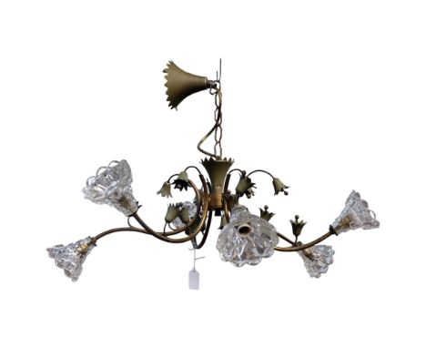 A mid-century brass and painted metal 6-branch chandelier, with stylised flowerhead decoration and glass shades, 57cm across 