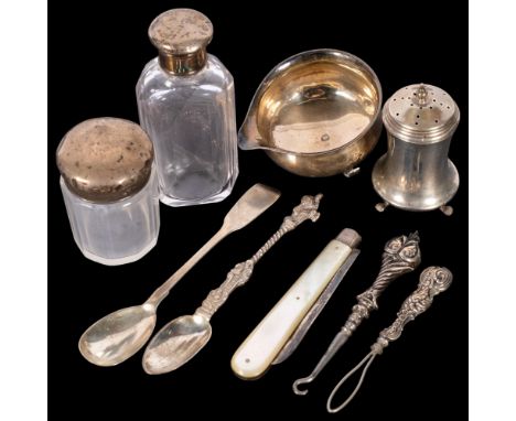 Various silver, including toddy ladle bowl, faceted glass scent bottle, spoons, etc, 2.6oz weighable