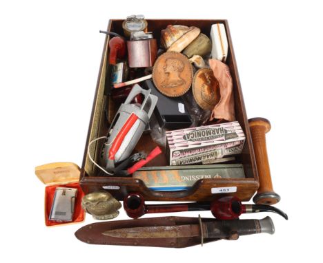 Various collectables, including burr smoking pipes, Lucas Vintage car inspection lamp, shell cameo, Ronson lighter, etc