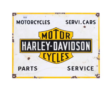 A reproduction enamel sign advertising Harley-Davidson Motorcycles, 30cm x 40cm